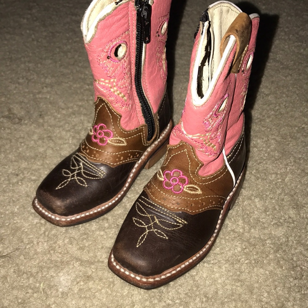 Brown and pink leather boots